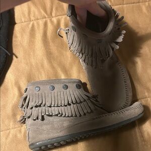Minnetonka Taupe Fringe Moccasins with Metal Details